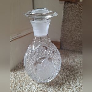Vintage Small Frosted  Rose Embossed Glass Decanter with Stopper